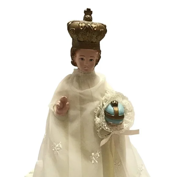 Vintage Infant of Prague Jesus Statue Chalkware Layer Gown Lace Trim Embroidered
